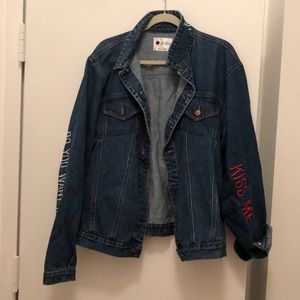 Unique oversized denim jacket with sassy sayings